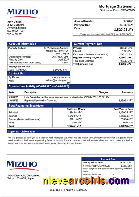 Japan Mizuho Bank mortgage statement Word and PDF template